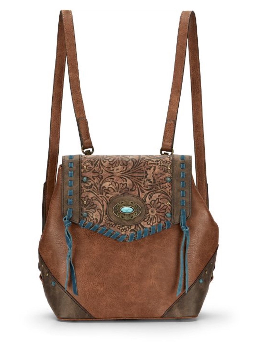 JUSTIN Brown Western Tooled Vegan Leather Turquoise Accent Backpack